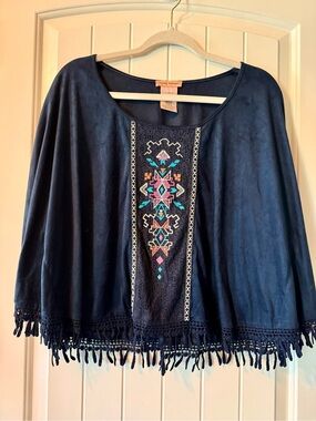 Flying Tomato Navy Embroidered Tassel-Hem Cape Poncho